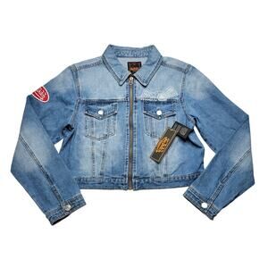 Von Dutch Y2K Cotton Denim Jean Trucker Crop Jacket Embroidered Logo Patch Large